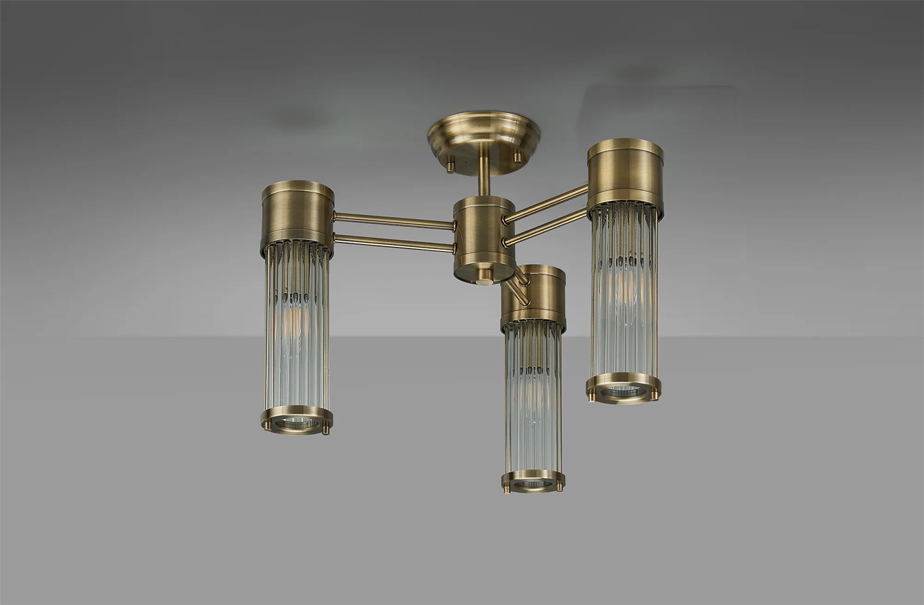 Pillar 3 Light Bathroom Semi Flush Ceiling Light In Antique Brass And Clear Glass Rods IP44 E14