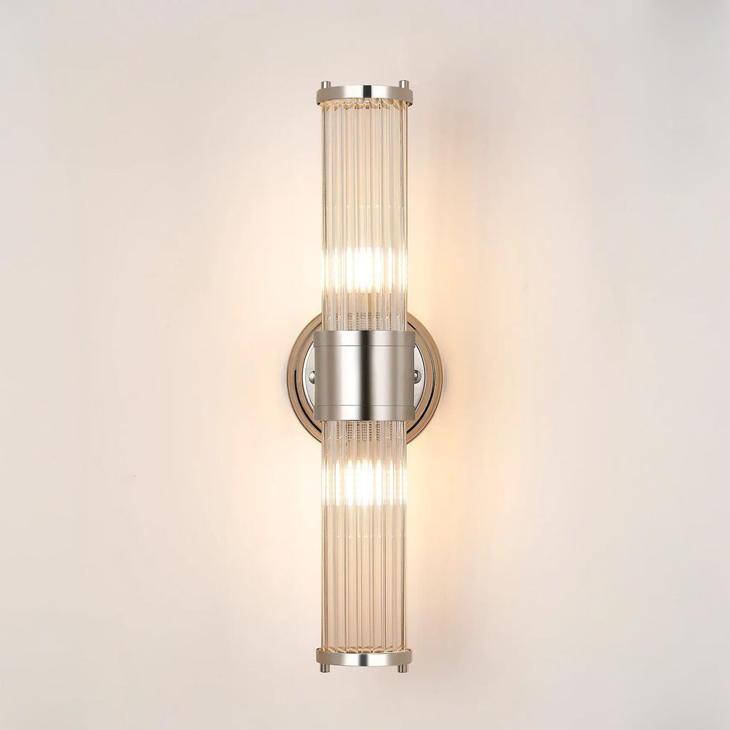 Pillar Up And Down 2 Light Bathroom Wall Light In Polished Nickel And Clear Glass Rods IP44 E14