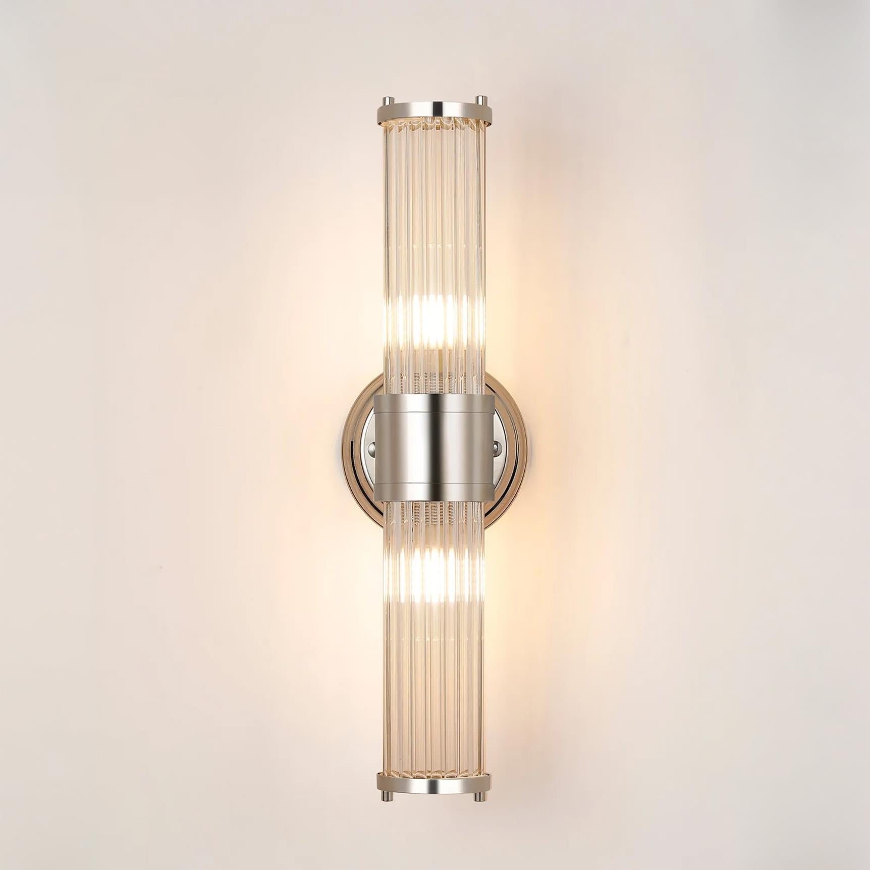 Pillar Up And Down 2 Light Bathroom Wall Light In Polished Nickel And Clear Glass Rods IP44 E14