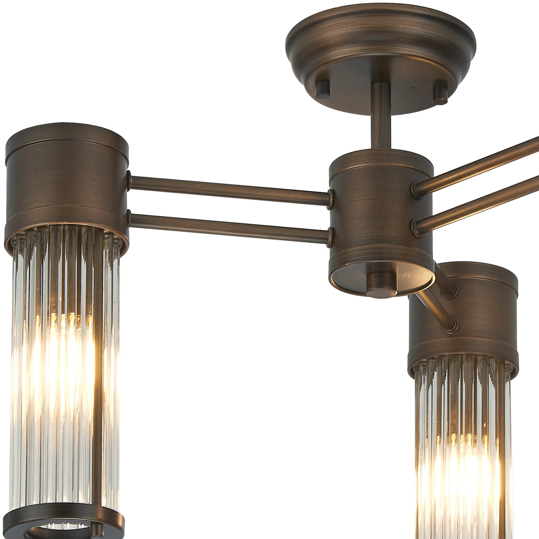 Pillar 3 Light Bathroom Semi Flush Ceiling Light In Bronze And Clear Glass Rods IP44 E14