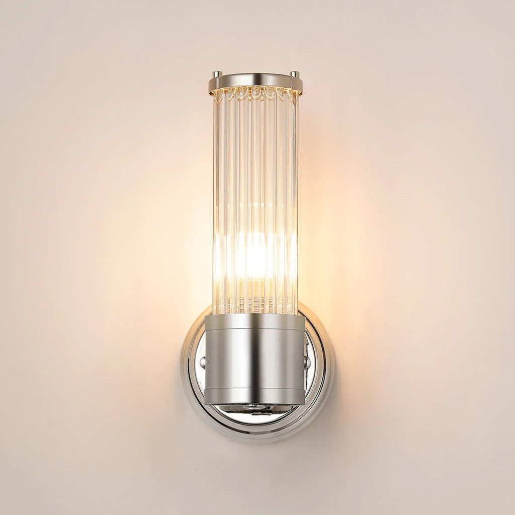 Pillar 1 Light Bathroom Wall Light In Polished Nickel And Clear Glass Rods IP44 E14