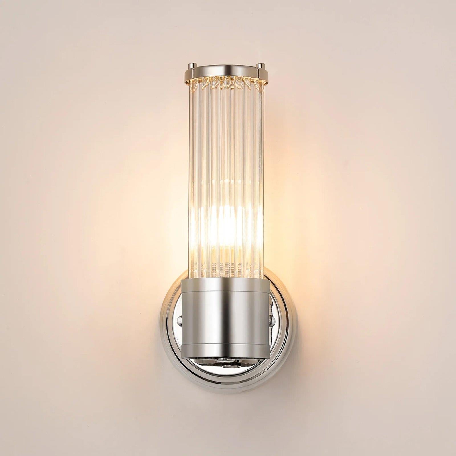 Pillar 1 Light Bathroom Wall Light In Polished Nickel And Clear Glass Rods IP44 E14