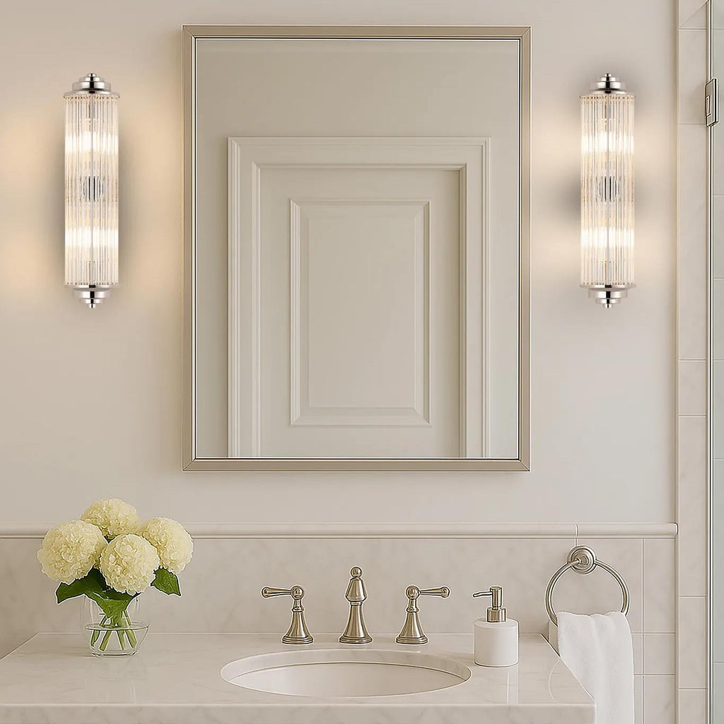 Pillar 2 Light Bathroom Wall Light In Polished Nickel And Clear Glass Rods IP44 G9
