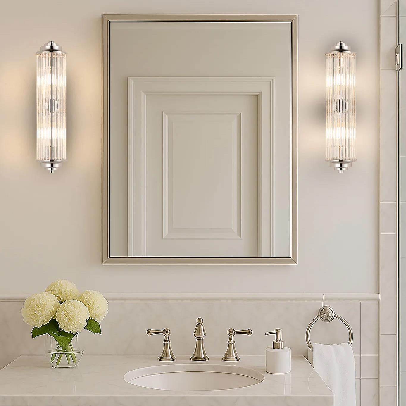 Pillar 2 Light Bathroom Wall Light In Polished Nickel And Clear Glass Rods IP44 G9