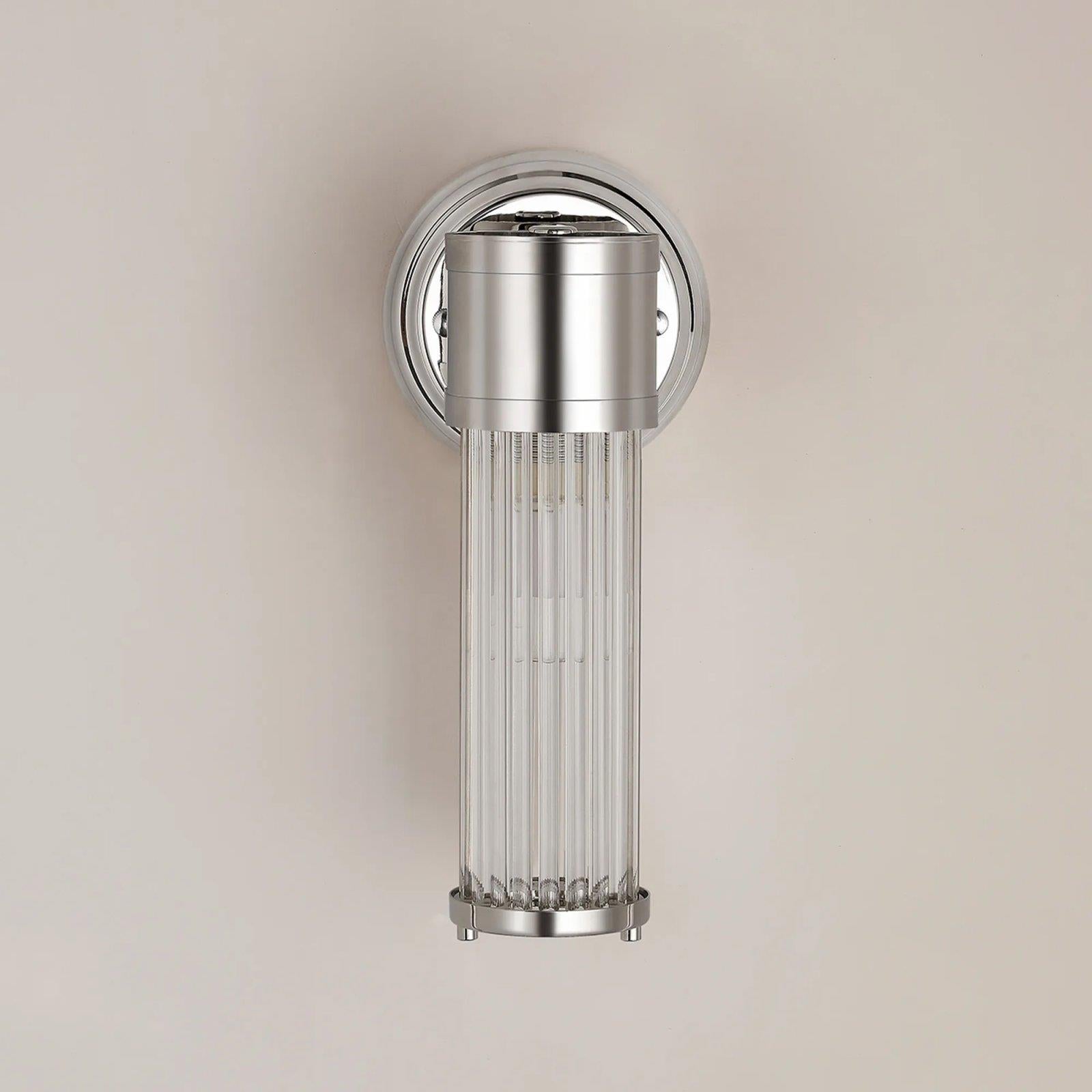 Pillar 1 Light Bathroom Wall Light In Polished Nickel And Clear Glass Rods IP44 E14