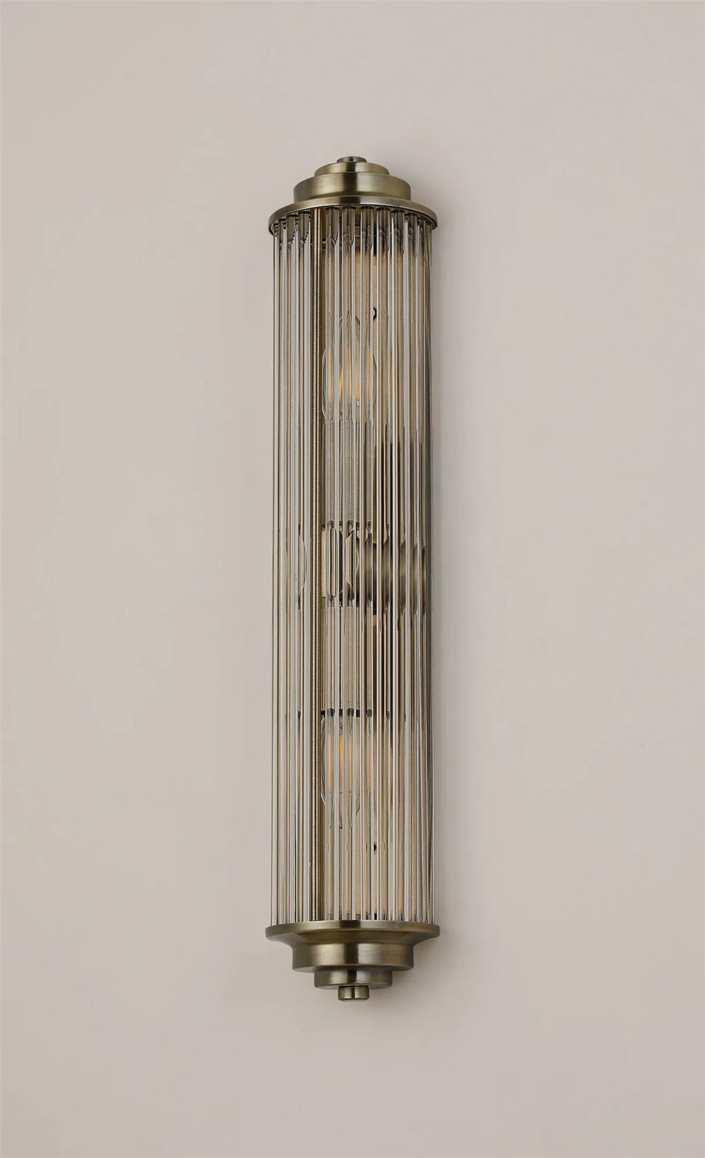 Pillar 2 Light Bathroom Wall Light In Antique Brass And Clear Glass Rods IP44 E14