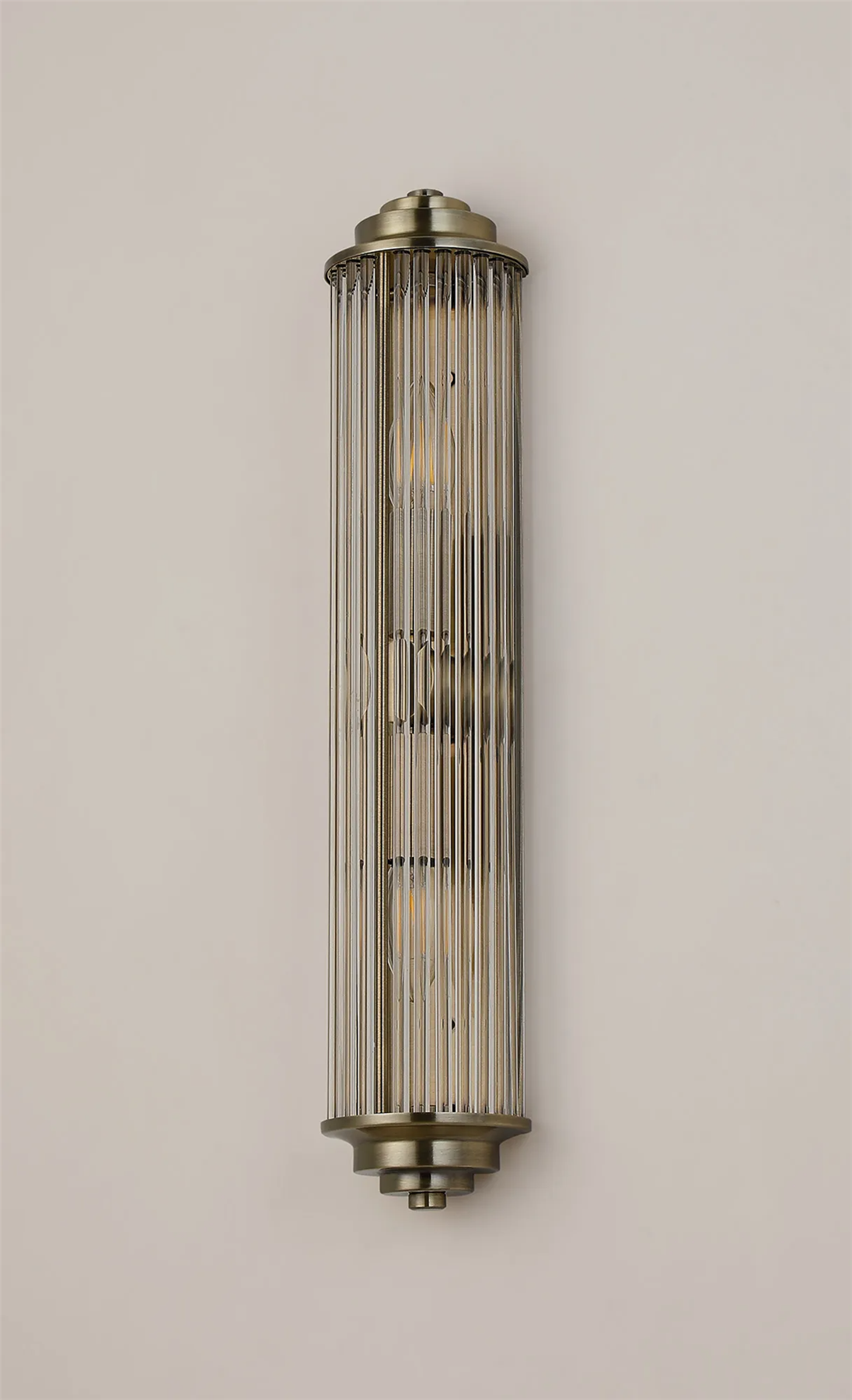 Pillar 2 Light Bathroom Wall Light In Antique Brass And Clear Glass Rods IP44 E14