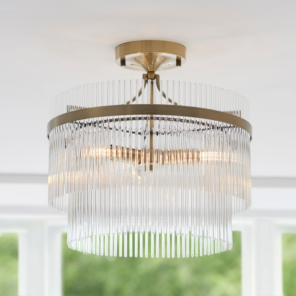 Marietta 3lt Semi Flush Ceiling Light In Antique Brass With Clear Glass 112575