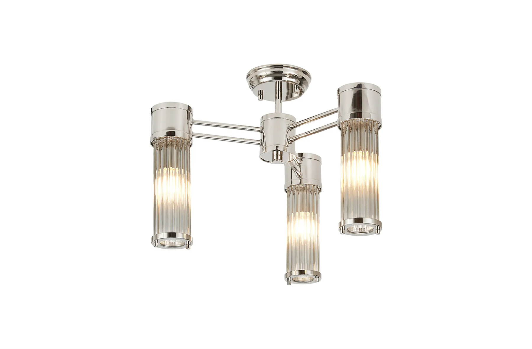 Pillar 3 Light Bathroom Semi Flush Ceiling Light In Polished Nickel And Clear Glass Rods IP44 E14