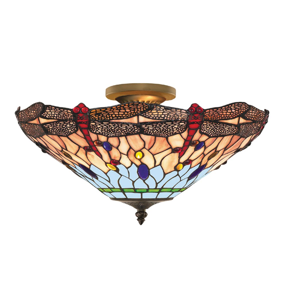 Dragonfly Tiffany Semi Flush Ceiling Light In Antique Brass Finish 1289-16