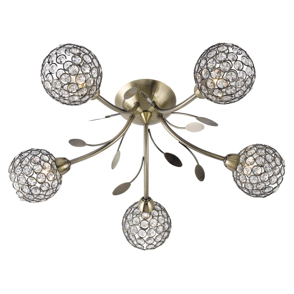 Bellis II Antique Brass/Glass 5 Light Semi Flush Ceiling Light - 6575-5AB