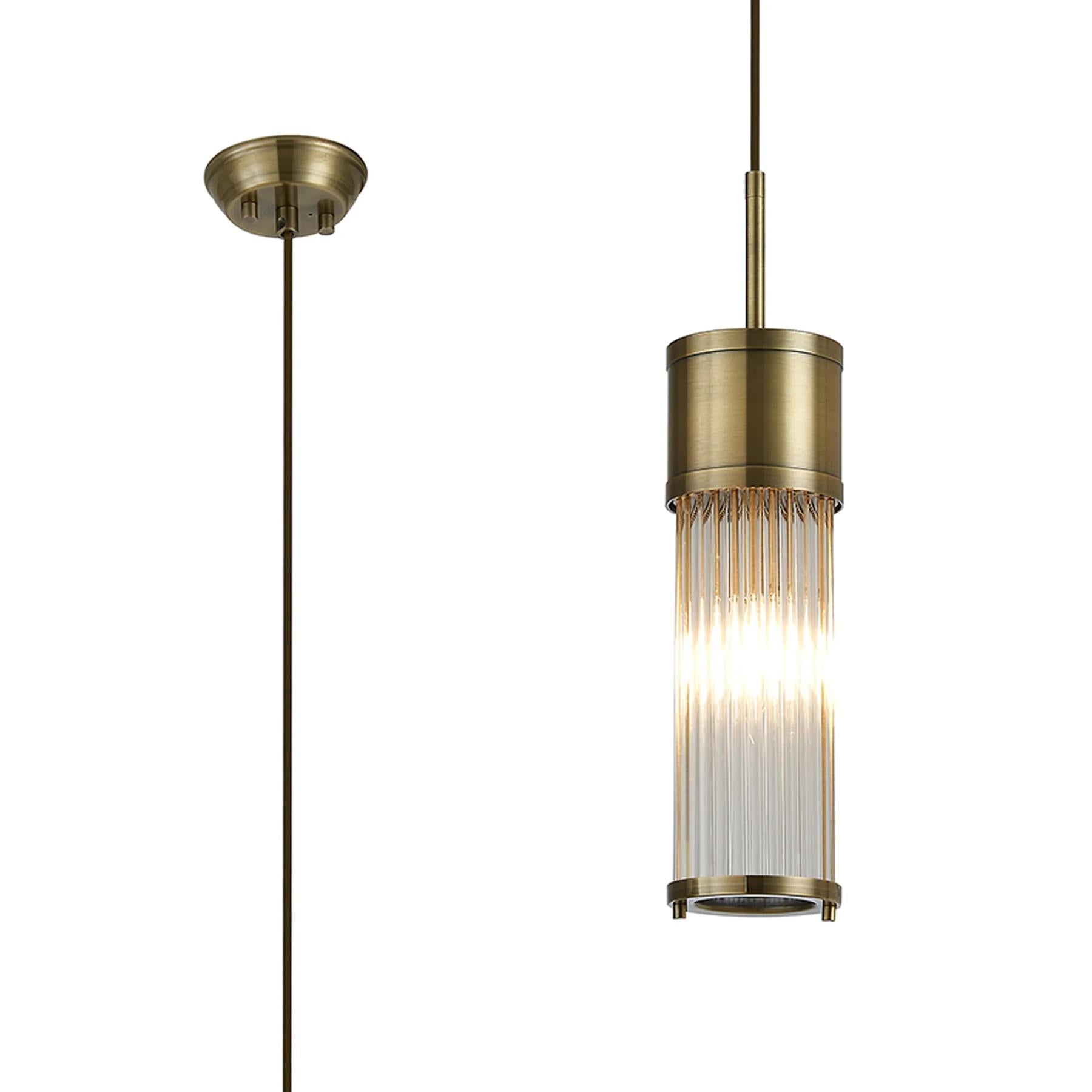 Pillar Bathroom Single Ceiling Pendant Light In Antique Brass And Clear Glass Rods IP44 E14