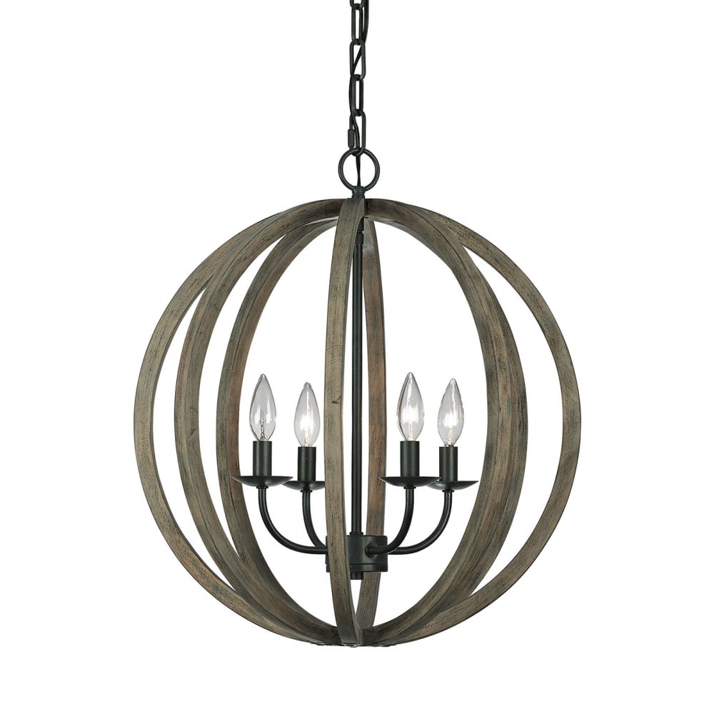 Allier 4 Light Wooden Ceiling Pendant in Iron Finish FE/ALLIER/4P WW
