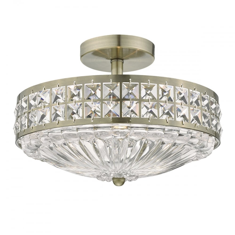 Antique Brass and Crystal Flush Ceiling Light OLO5375