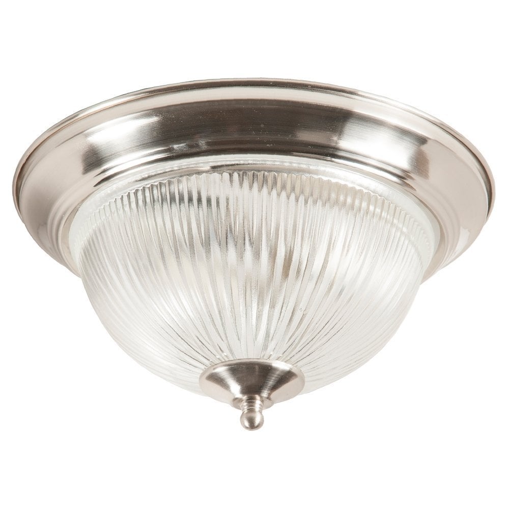 Modern 2 Light Satin Silver IP44 Bathroom Flush Ceiling Light, Clear Glass