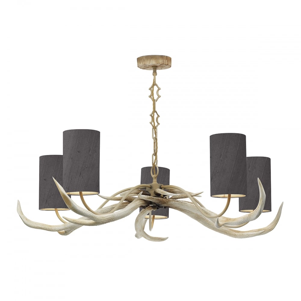 Antler 5 Light Ceiling Pendant In Bleached Finish with Charcoal Shades ANT0500