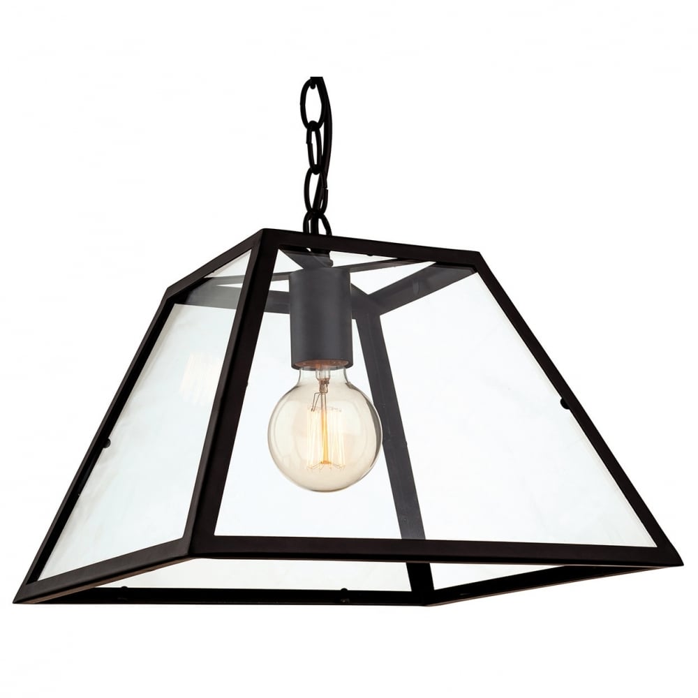 Kew Vintage Ceiling Pendant Light In Black Finish With Glass Panels 3439BK