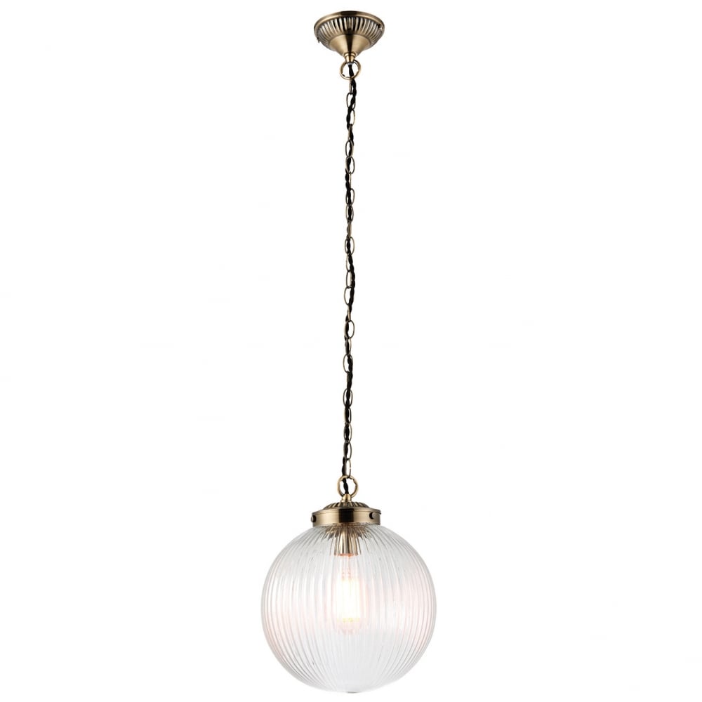 Brydon Vintage Ceiling Pendant Light In Antique Brass With Ribbed Glass Shade 71123