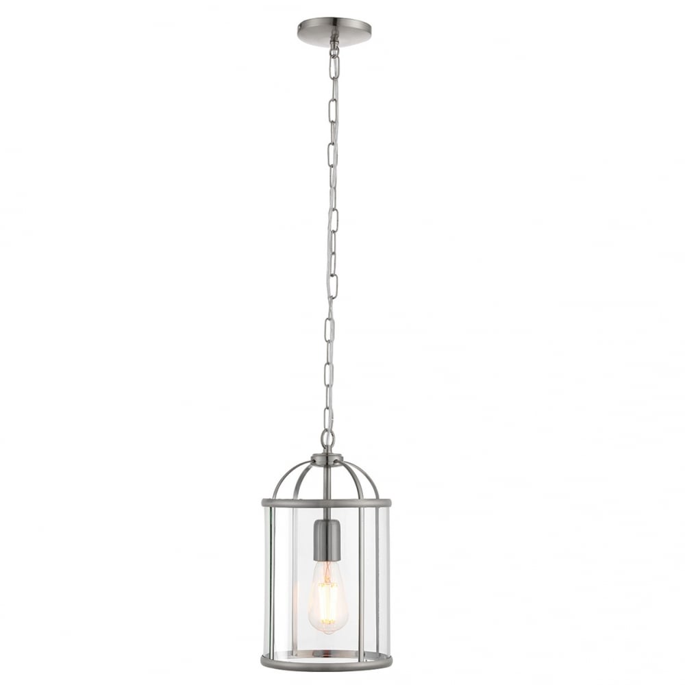 Lambeth Vintage Lantern Ceiling Pendant Light In Satin Nickel Finish And Clear Glass Shade 70323