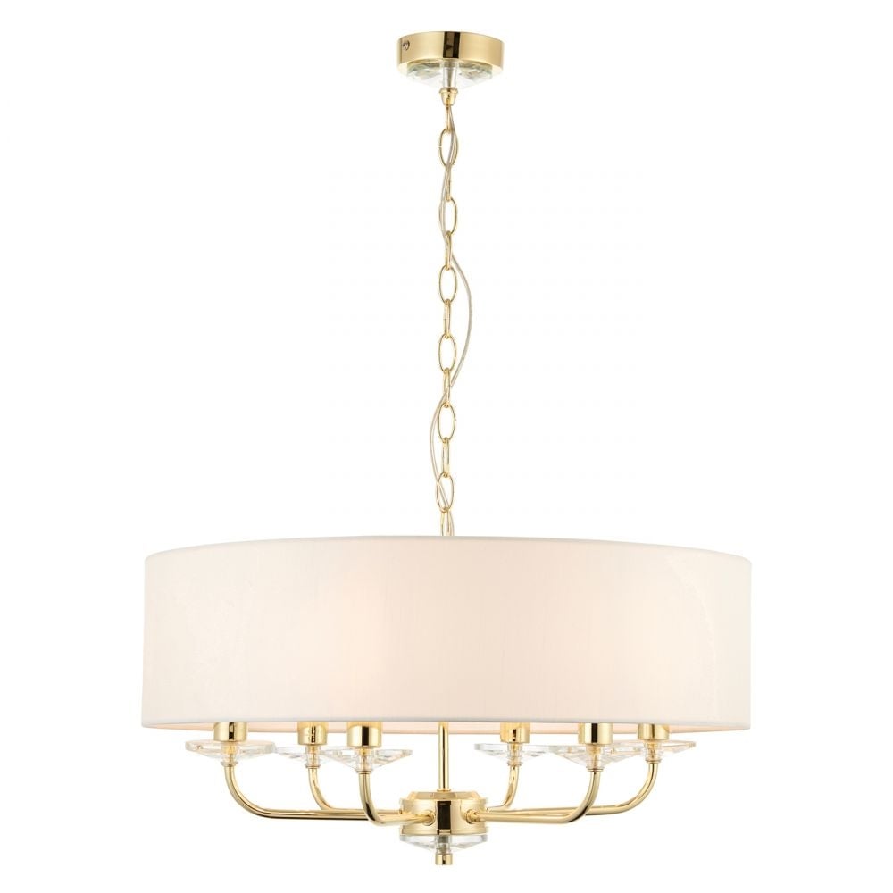 Nixon 6 Light Ceiling Pendant In Brass Finish With Vintage White Faux Silk Shade 70561
