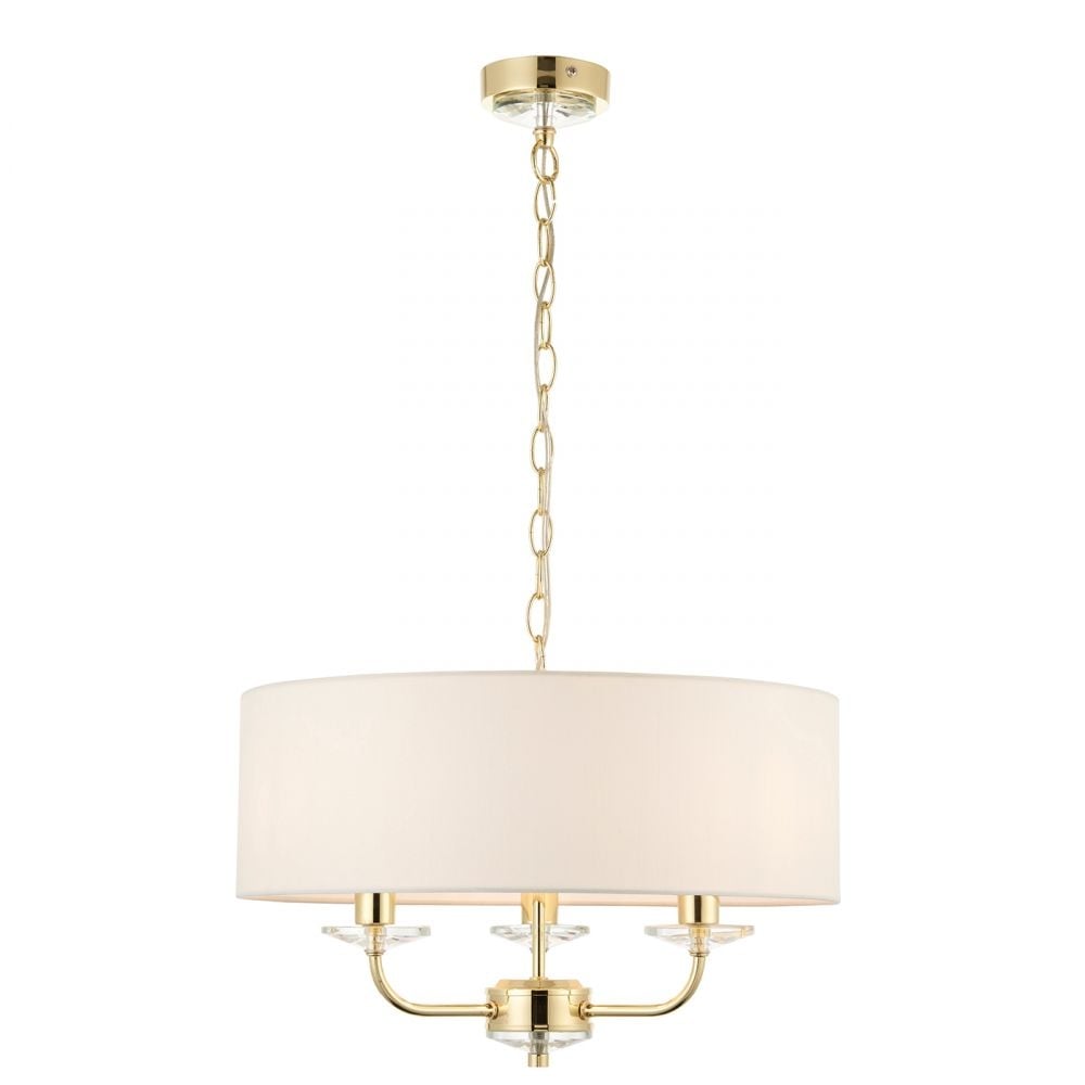 Nixon 3 Light Ceiling Pendant In Brass Finish With Vintage White Faux Silk Shade 70560
