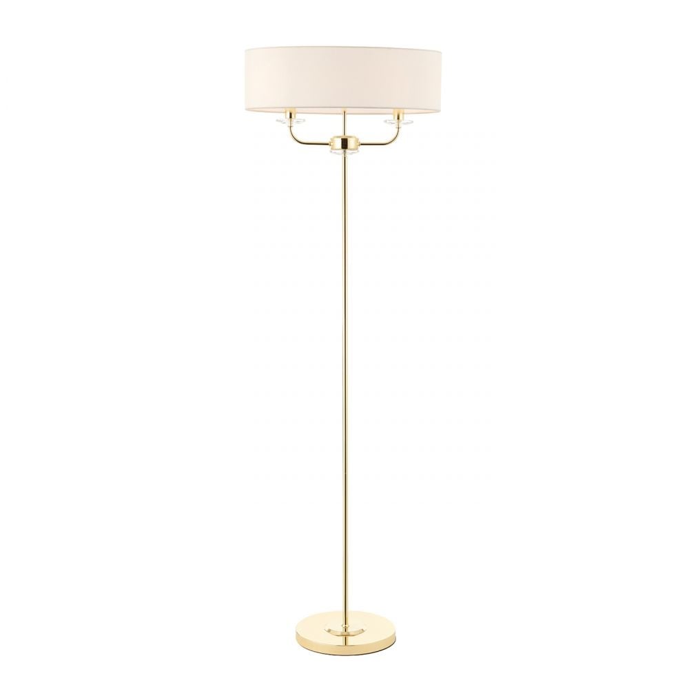 Nixon 2 Light Floor Lamp In Brass Finish With Vintage White Faux Silk Shade 70563