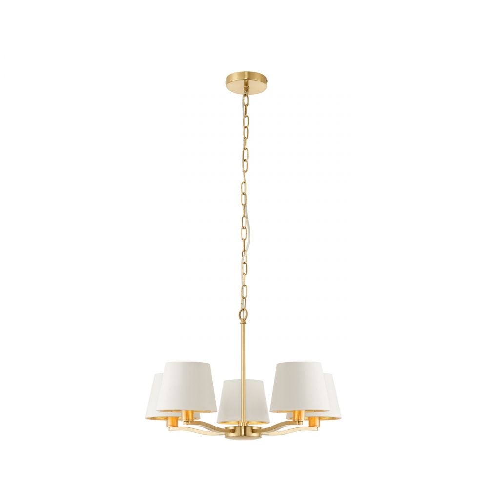 Harvey Stylish 5 Light Ceiling Pendant In Brushed Gold With Vintage White Shades 67734