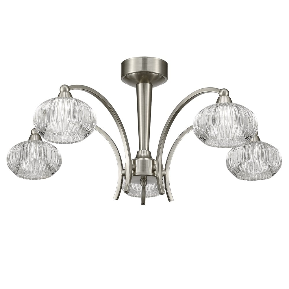 5 Light Ceiling Fitting In Satin Nickel With Ribbed Glass Shades F2335/5