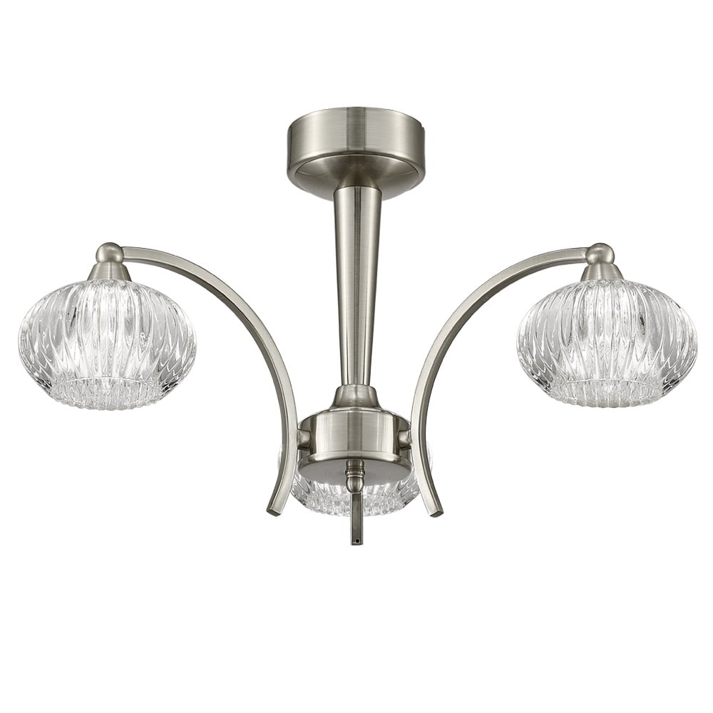 3 Light Ceiling Fitting In Satin Nickel With Ribbed Glass Shades F2335/3