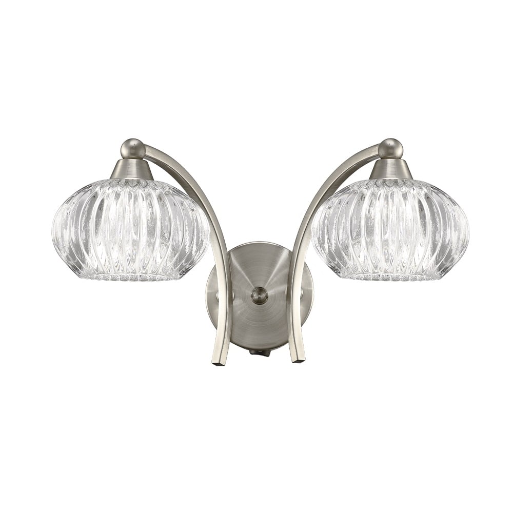 2 Light Wall Light In Satin Nickel With Ribbed Glass Shades F2335/2