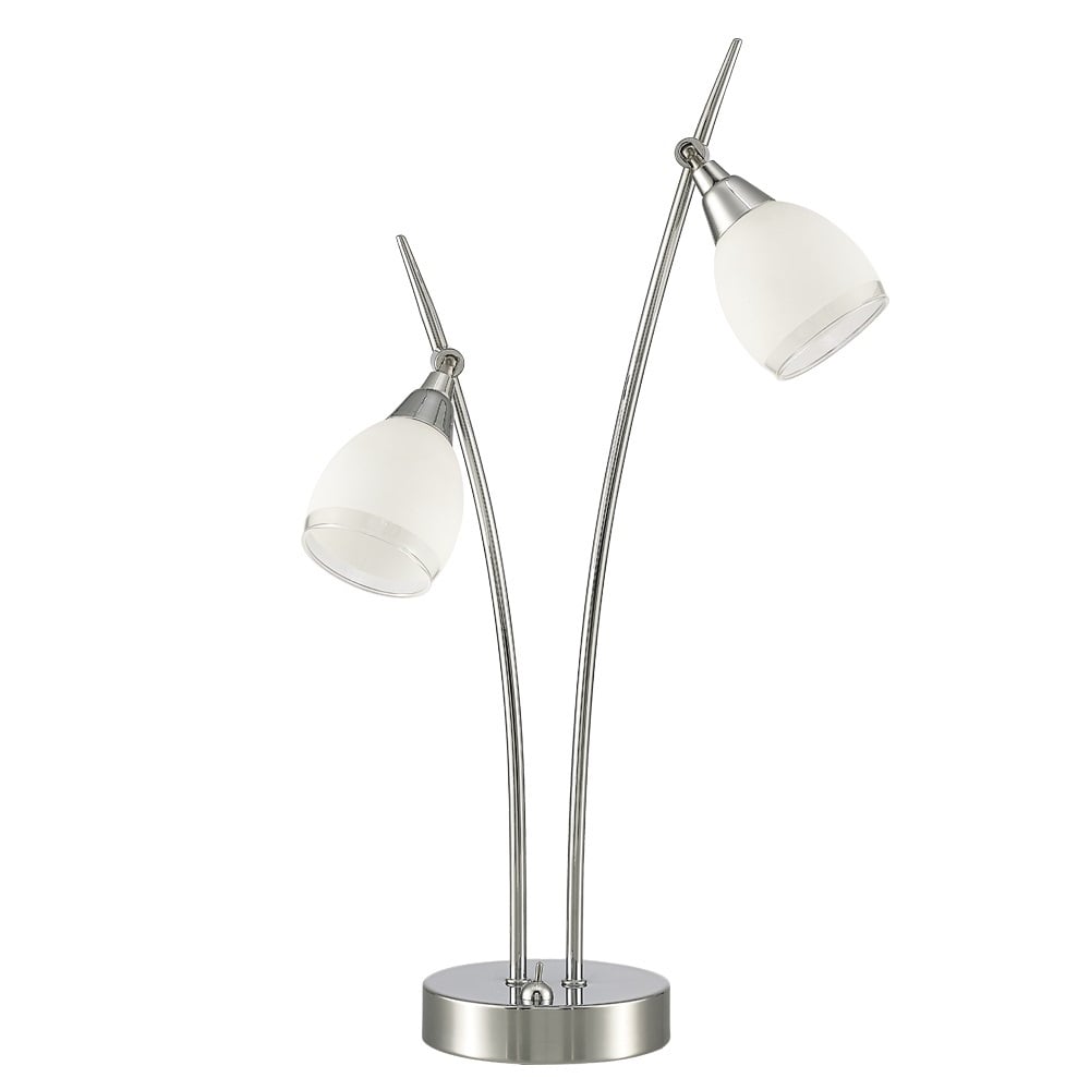 2 Light Table Lamp In Chrome With Satin White Glass Shades