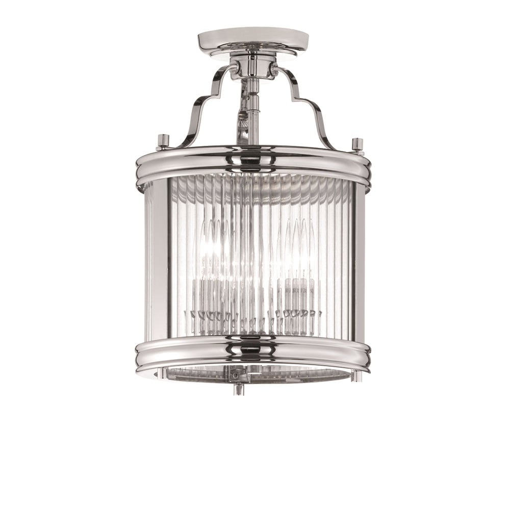 Ceiling Semi Flush Fitting In Chrome Finish With Clear Ribbed Glass