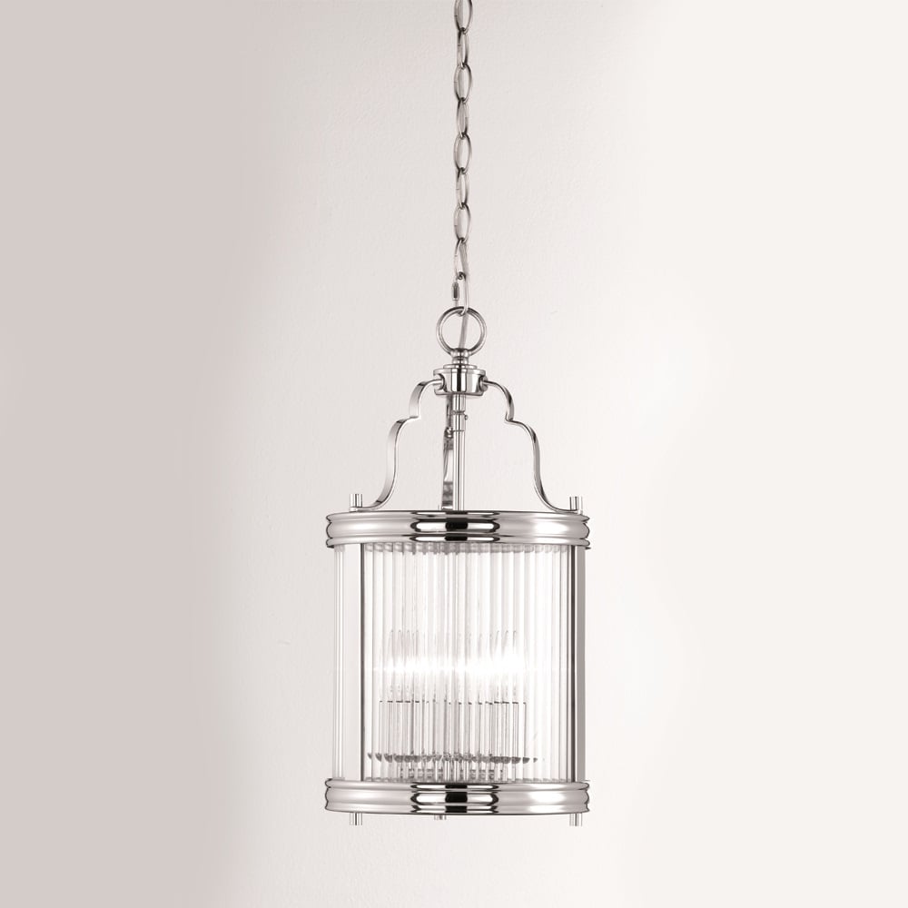 Ceiling Pendant Fitting In Chrome Finish With Clear Ribbed Glass