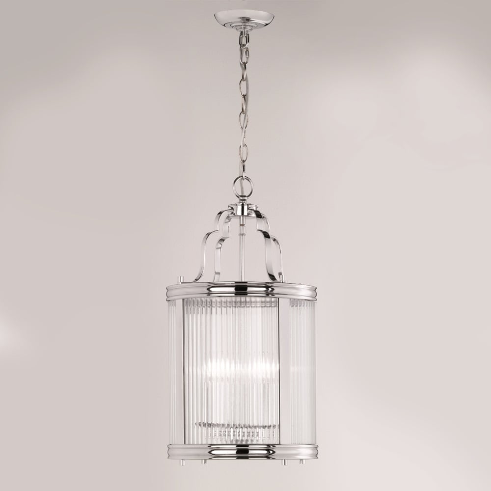Ceiling Pendant Fitting In Chrome Finish With Clear Ribbed Glass