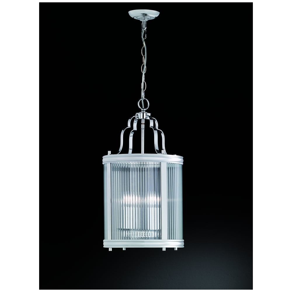 Ceiling Pendant Fitting In Chrome Finish With Clear Ribbed Glass