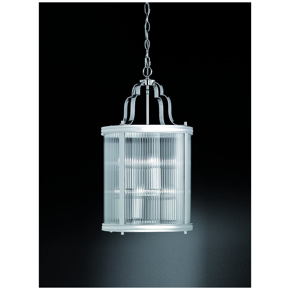 8 Light Ceiling Lantern Pendant In Chrome With Clear Reeded Glass Panels
