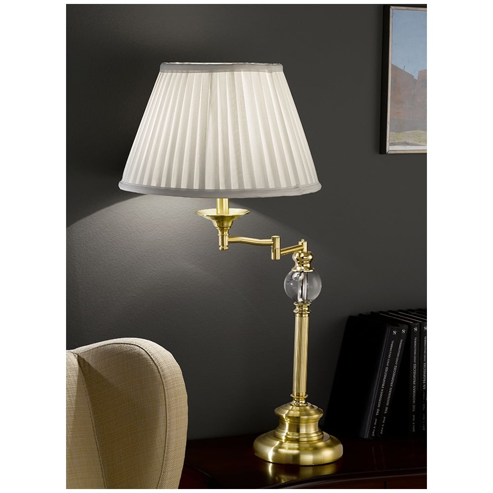 Swing-Arm Table Lamp In Satin Brass Finish With Cream Pleated Shade
