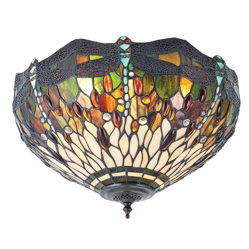 Dragonfly Tiffany Medium Flush Ceiling Light With Green Coloured Shade 70707