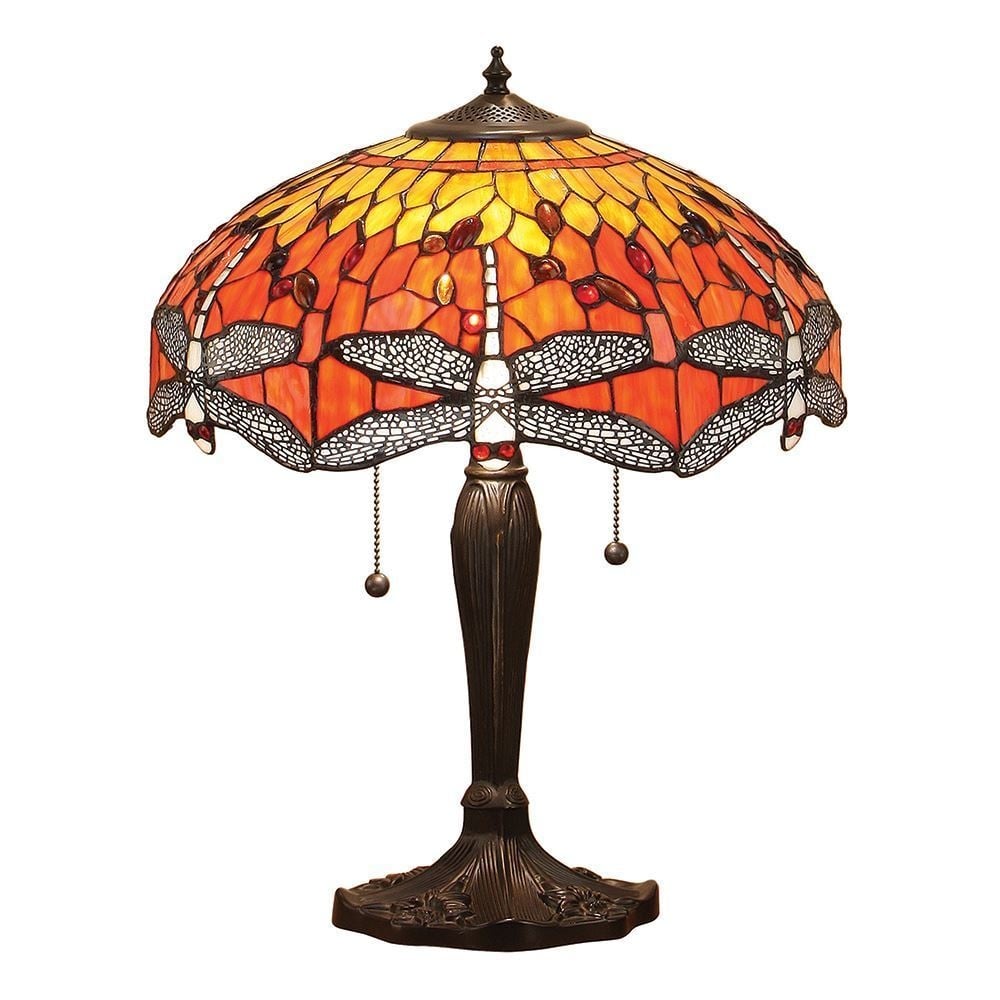 Dragonfly Tiffany Medium Table Lamp With Flame Coloured Shade 64093
