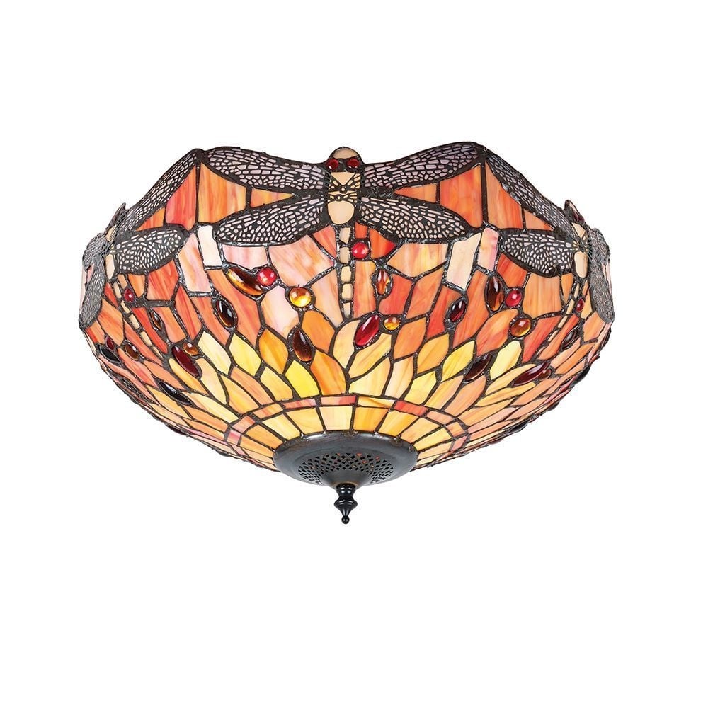 Dragonfly Tiffany Medium Flush Ceiling Light With Flame Coloured Shade 70721