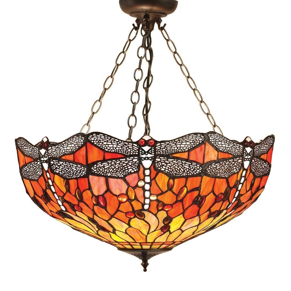 Dragonfly Tiffany Medium Inverted Ceiling Pendant With Flame Coloured Shade 64076