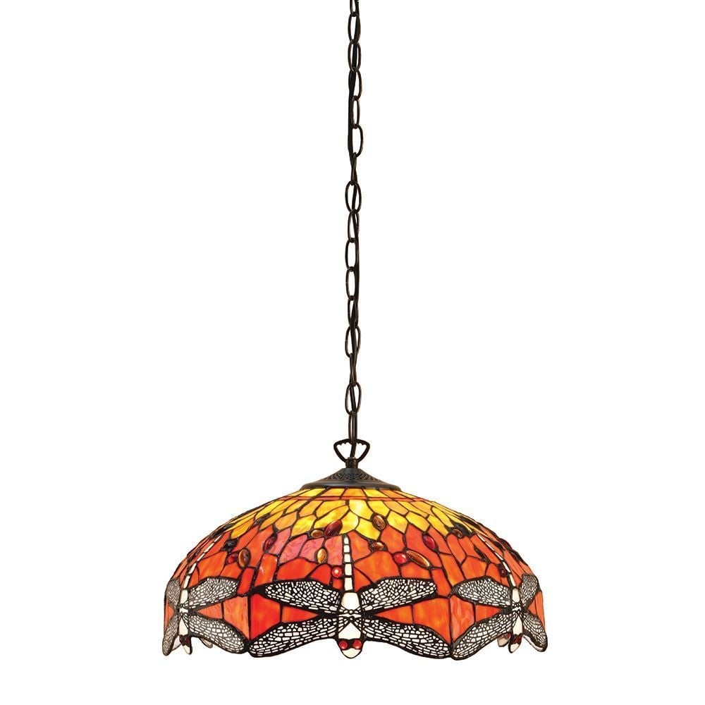 Dragonfly Tiffany Medium Ceiling Pendant Light With Flame Coloured Shade 64081