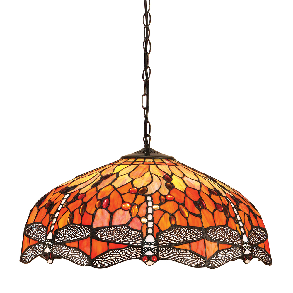 Dragonfly Tiffany Large Ceiling Pendant Light With Flame Coloured Shade 64082