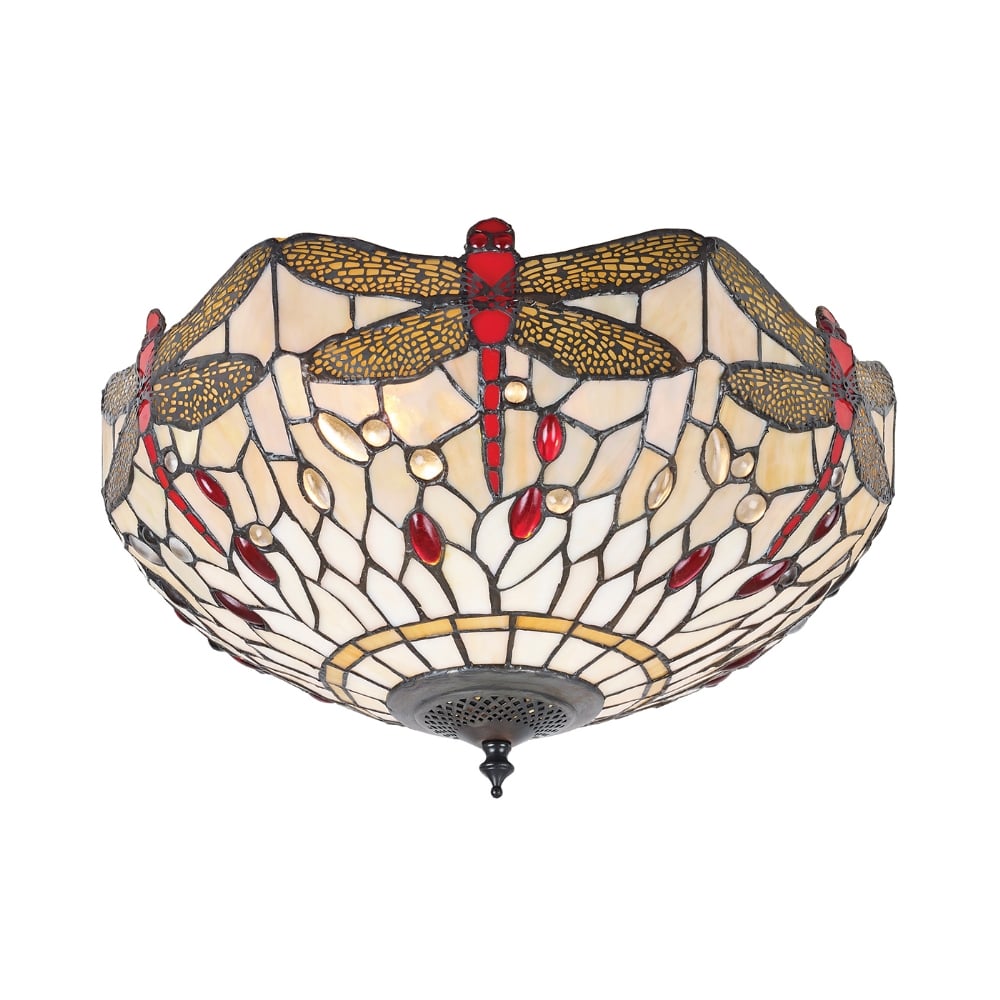 Dragonfly Tiffany Medium Flush Ceiling Light With Beige Coloured Shade 70723
