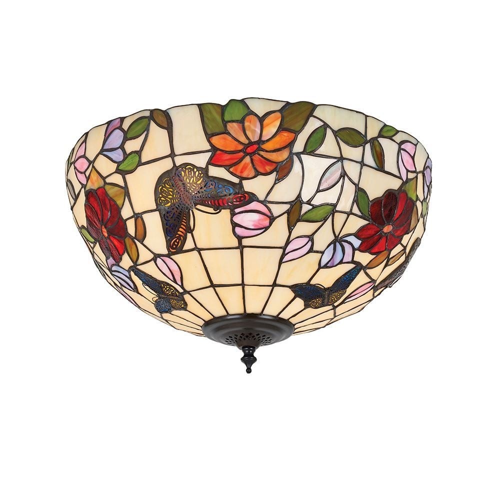 Butterfly Tiffany Medium Flush Ceiling Light With Flowers And Butterflies 70713