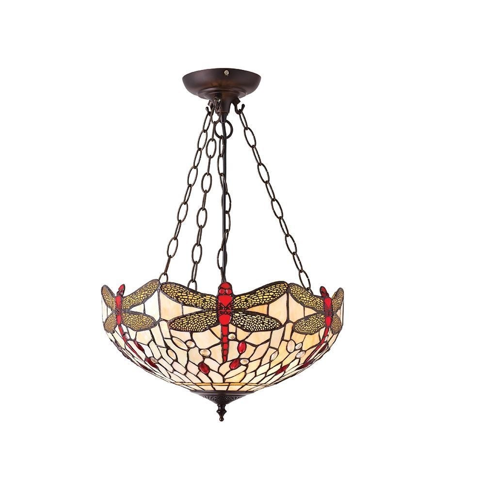 Dragonfly Tiffany Medium Inverted Ceiling Pendant With Beige Coloured Shade 70759