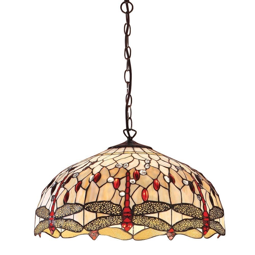 Dragonfly Tiffany Large Ceiling Pendant With Beige Coloured Shade 64079