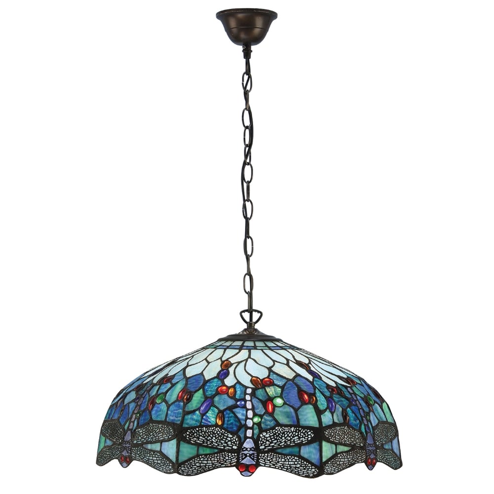 Dragonfly Classic Tiffany Large Ceiling Pendant With Blue Coloured Shade 66148