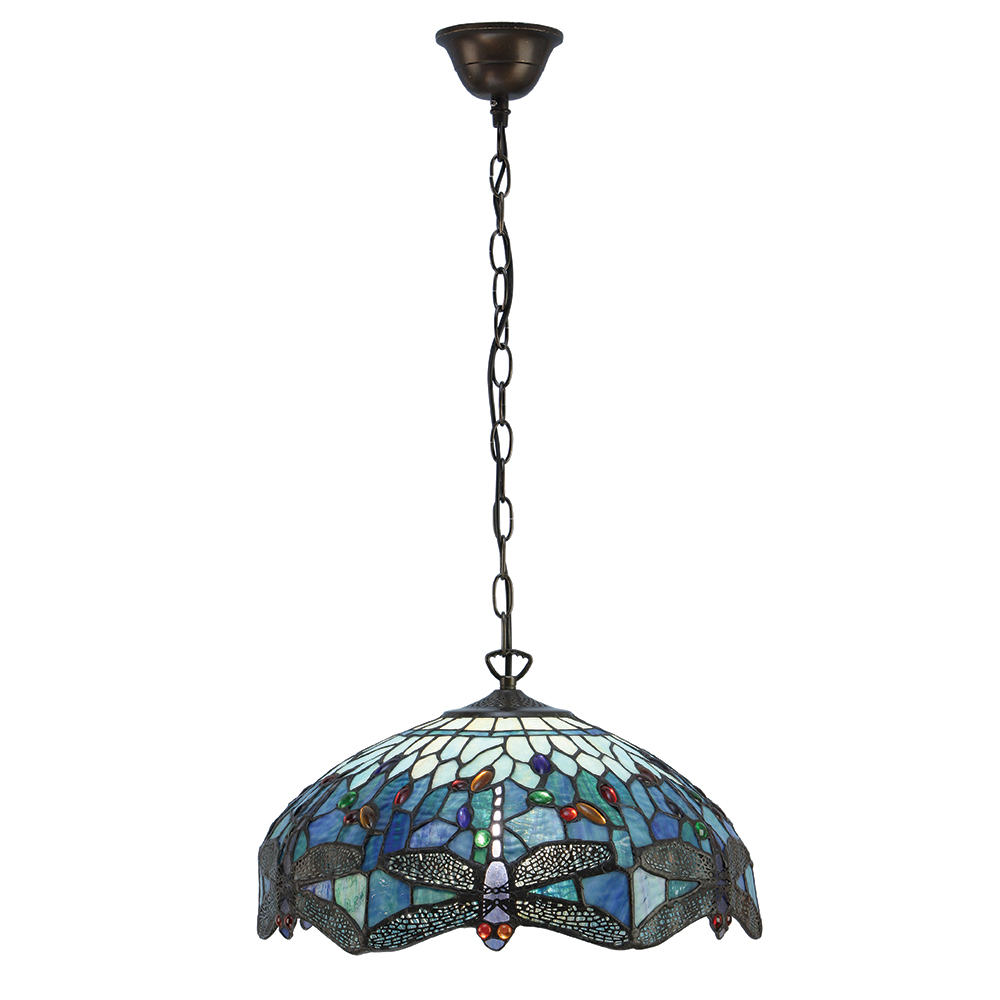 Dragonfly Tiffany Medium Ceiling Pendant With Blue Coloured Shade 64080