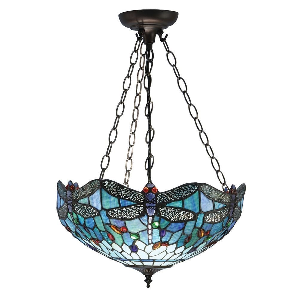 Dragonfly Tiffany Medium Inverted Ceiling Pendant With Blue Coloured Shade 64075